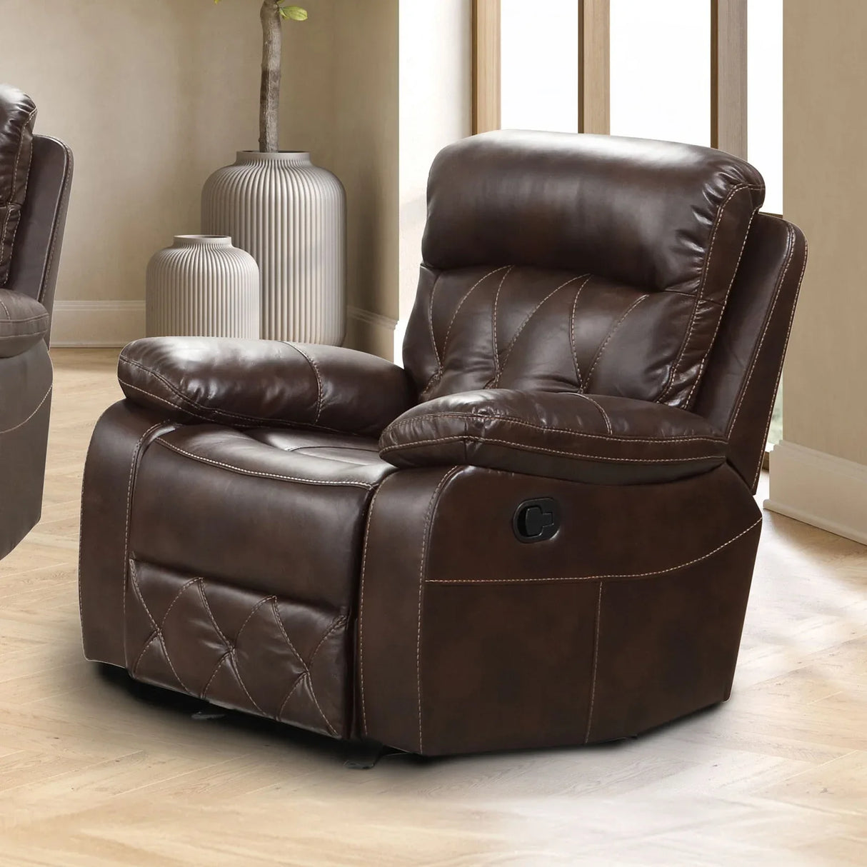 Transitional Brown Leatherette Manual Chair With Pillow Arms - Omega Lifestyles