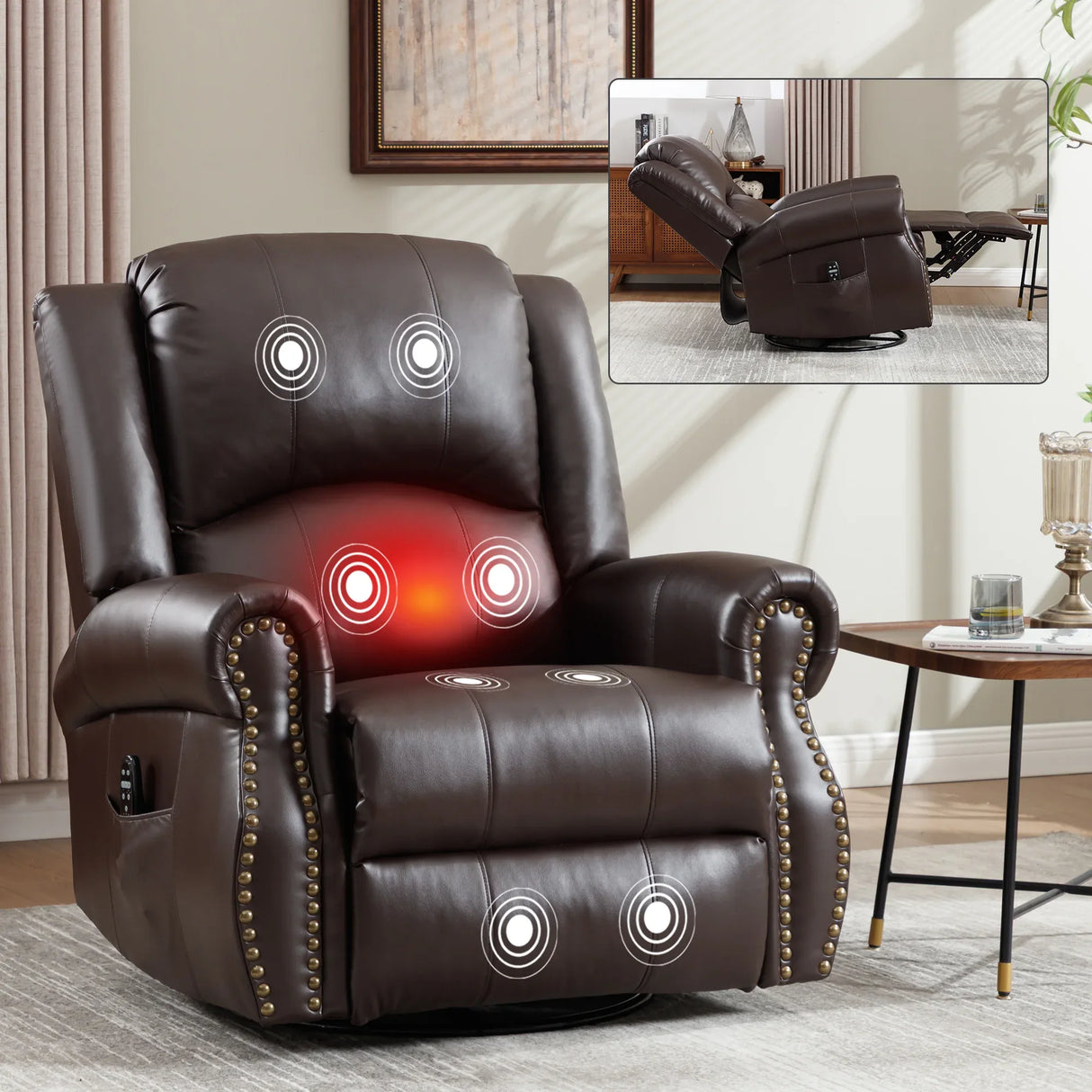 Heat Massage Medium-Firm Swivel Rocker Recliner Chair - Omega Lifestyles