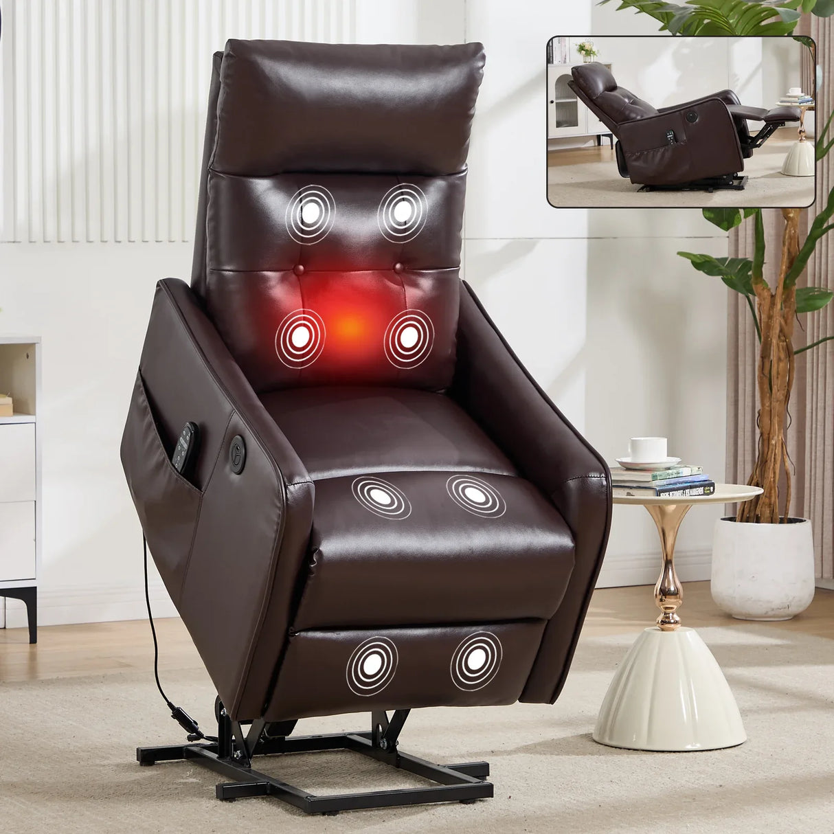 Brown Faux Leather Power Lift Recliner Chair With Massage - Omega Lifestyles