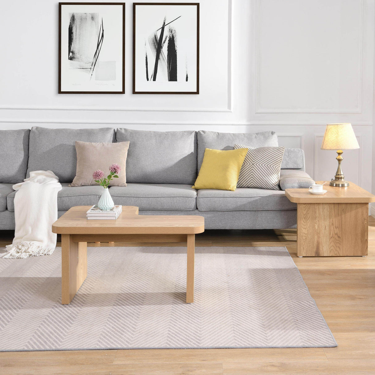 L-Shaped Oak MDF Detachable Farmhouse Coffee Table - Sleep Galleria