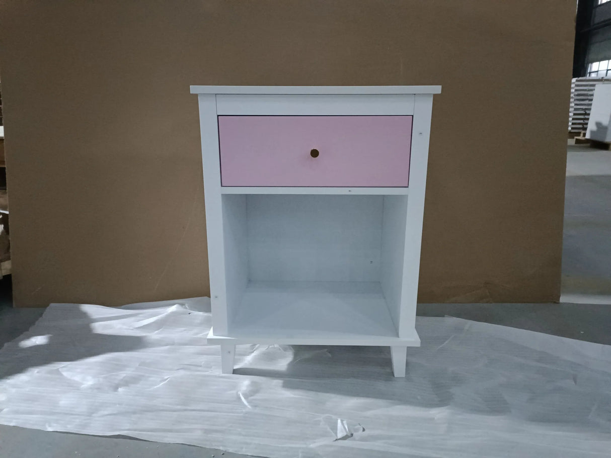 Pink MDF Wooden Nightstand With Drawer And Shelf - Omega Lifestyles