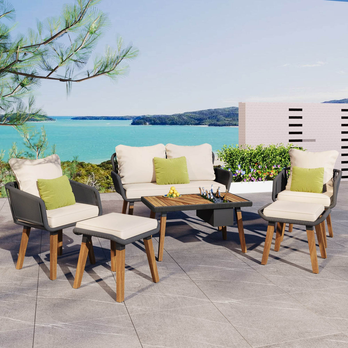 6-Piece Outdoor Rope Patio Furniture Set With Bar Table