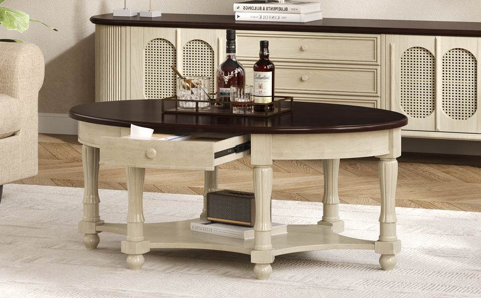 Vintage Oval Coffee Table With Drawer And Storage Shelf - Sleep Galleria