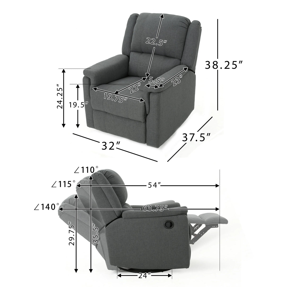Charcoal Fabric Glider Recliner With Swivel And Manual Recline - Omega Lifestyles