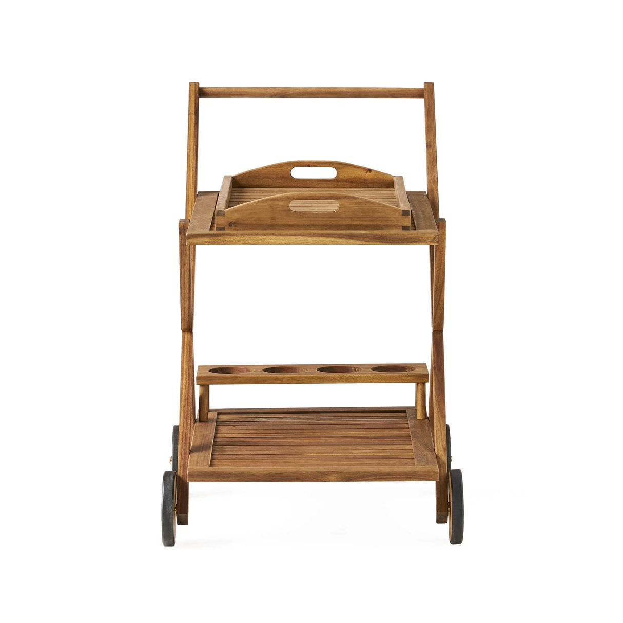 Natural Stained Acacia Wood Mobile Bar Cart With Wheels - Omega Lifestyles