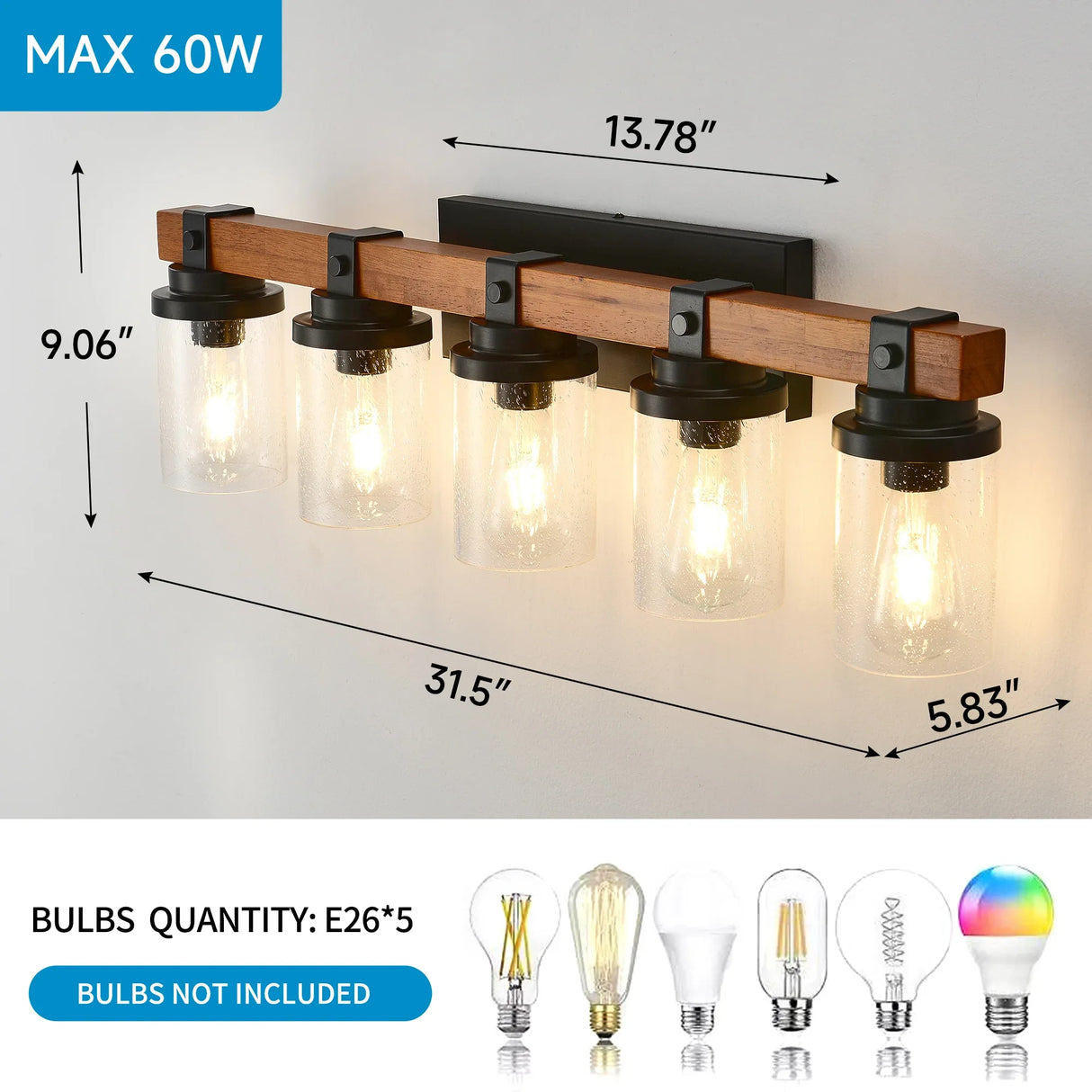 5-Light Matte Black Wood Glass Shade Wall Lamps - Omega Lifestyles