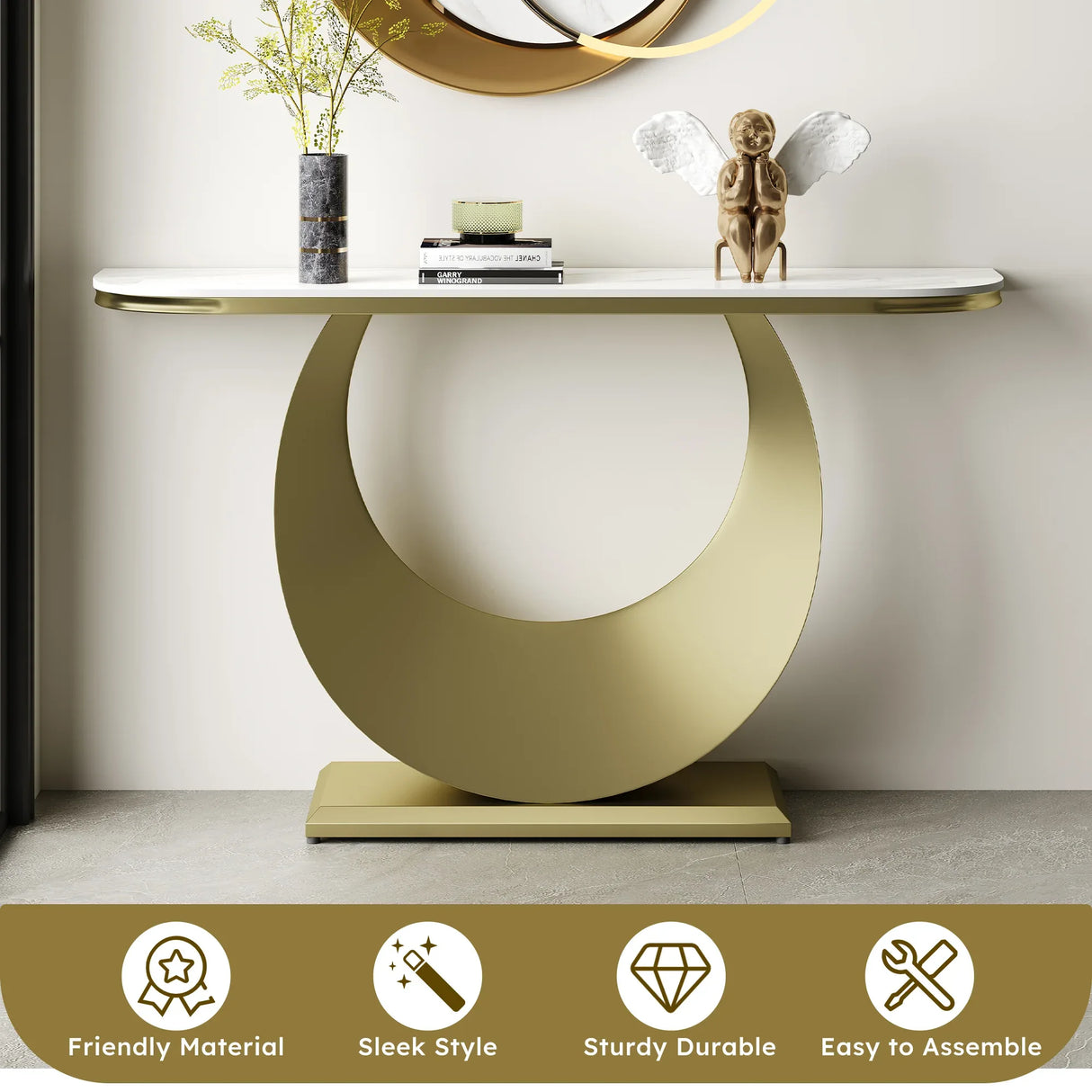 Half-Moon Faux Marble Top Gold Metal Console Table - Omega Lifestyles