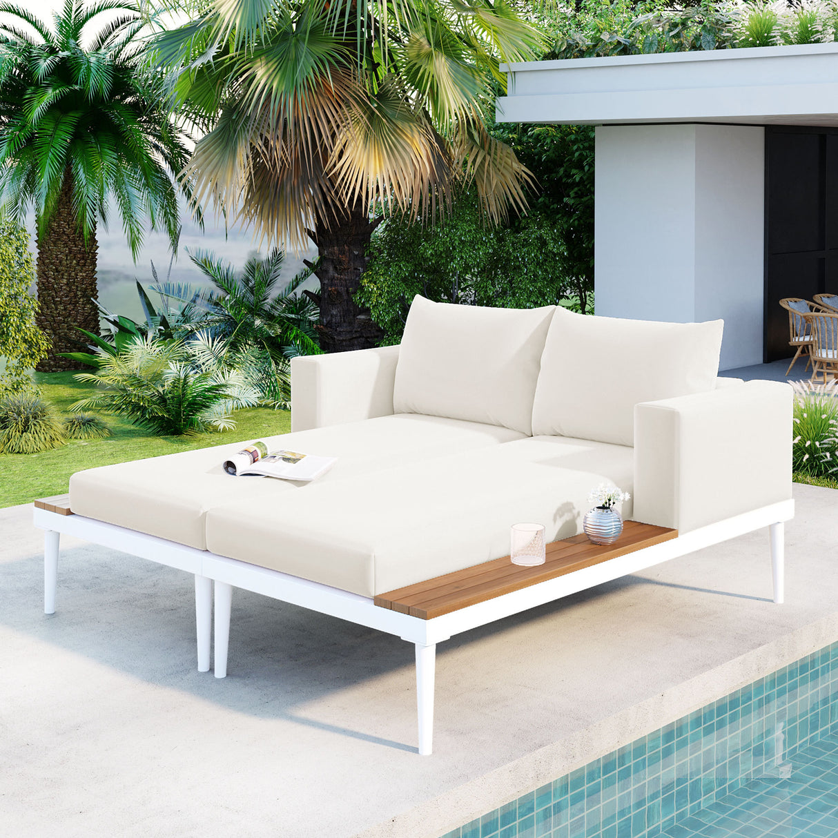 Modern 2 in 1 Outdoor Daybed With Wood Side Spaces
