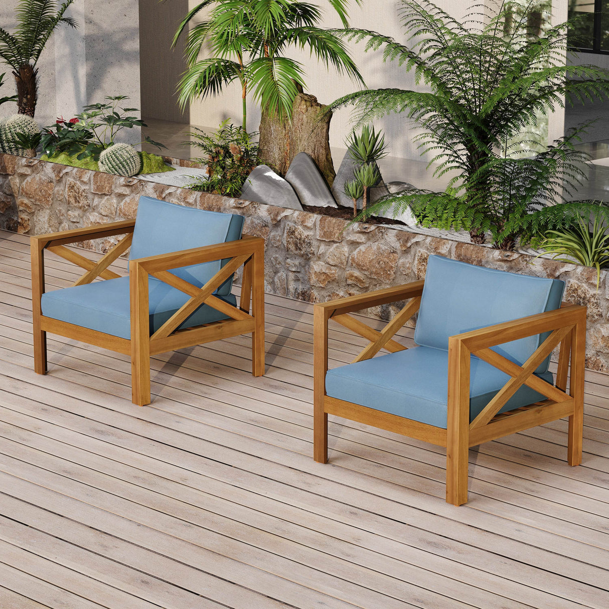 Set of 2 Outdoor Acacia Wood Teak Finish Club Chairs