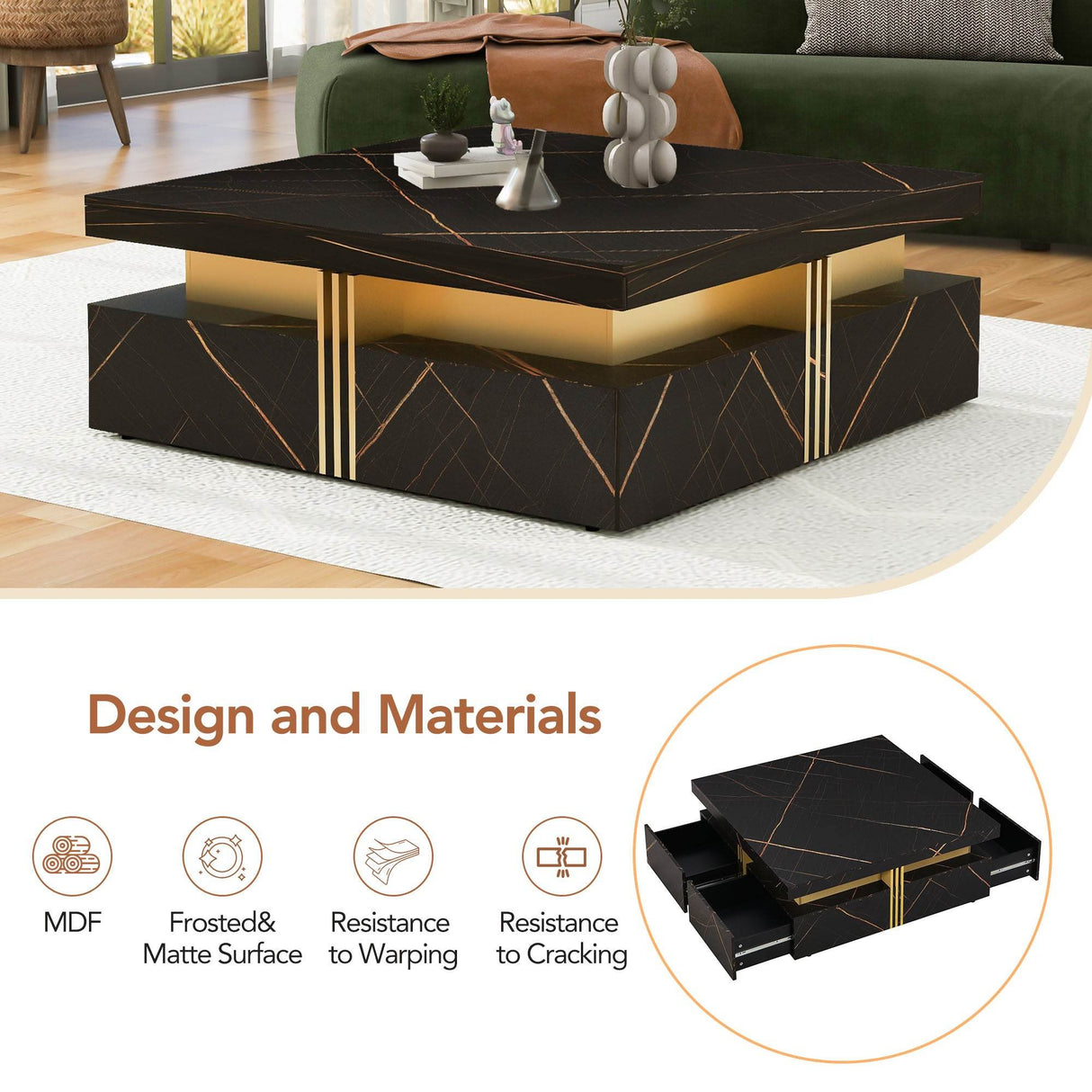 Modern Black Gold Accented Square Coffee Table With Storage - Sleep Galleria