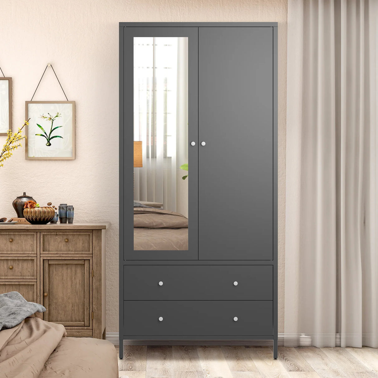 Retro Steel Armoire Wardrobe Closet With Mirror And Drawers - Omega Lifestyles