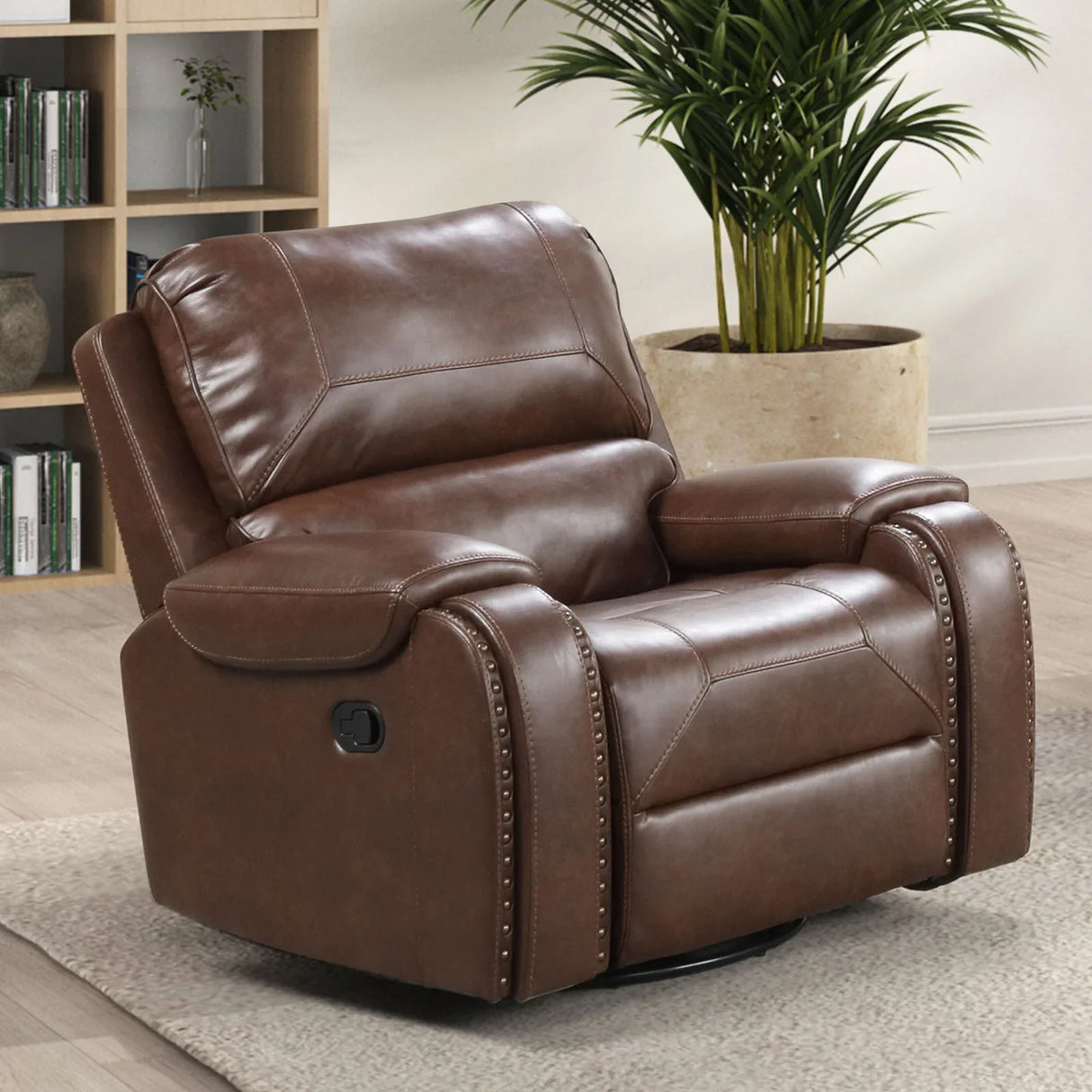 Transitional Brown Leatherette Recliner With Nailhead Trim - Omega Lifestyles