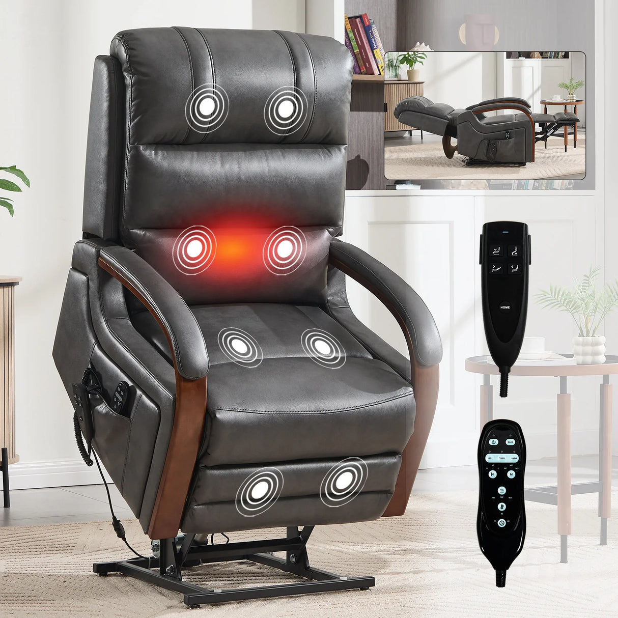 Power Lift Recliner Chair With Heat Massage and Wood Armrests - Omega Lifestyles