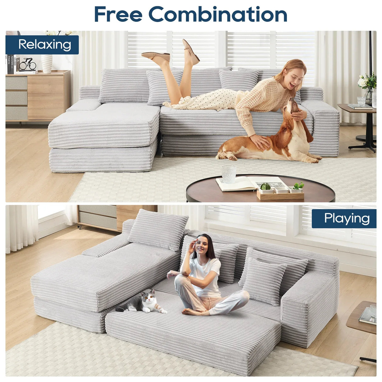 Modern L-Shaped Memory Foam Sectional Sofa With Corduroy - Omega Lifestyles