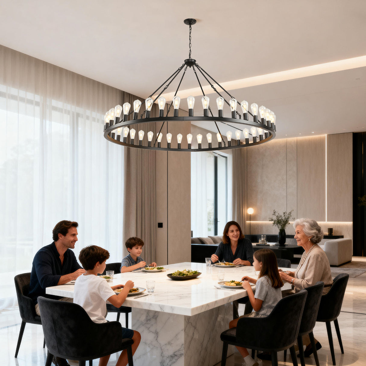 64-Inch Matte Black Wagon Wheel Chandelier Ceiling Light