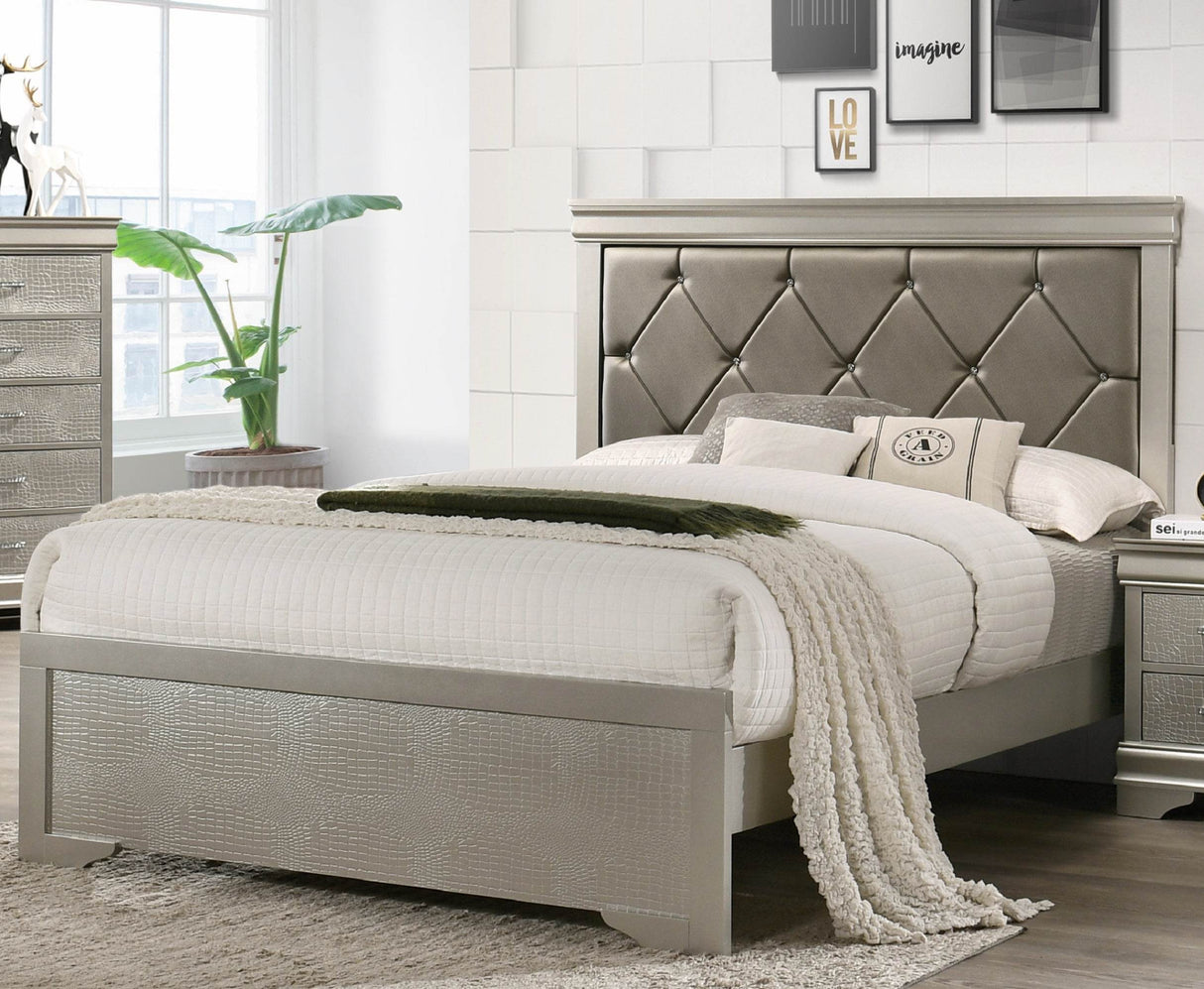 Modern Beige Wood Queen Panel Bed With Upholstered Headboard