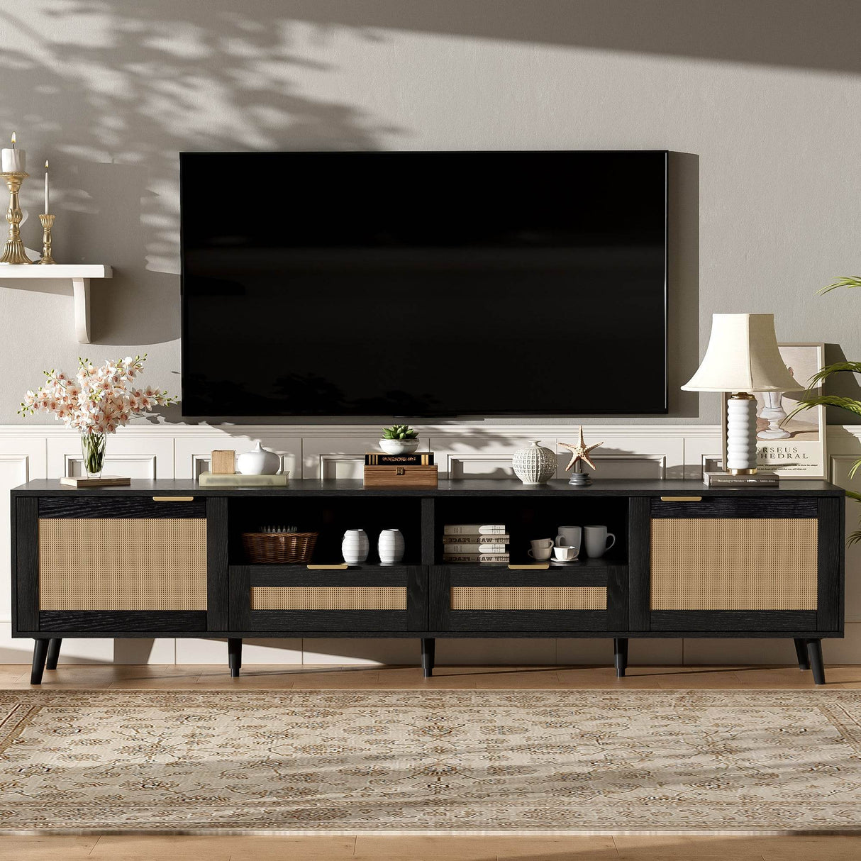 Modern Rattan TV Stand With Storage Cabinet - Sleep Galleria
