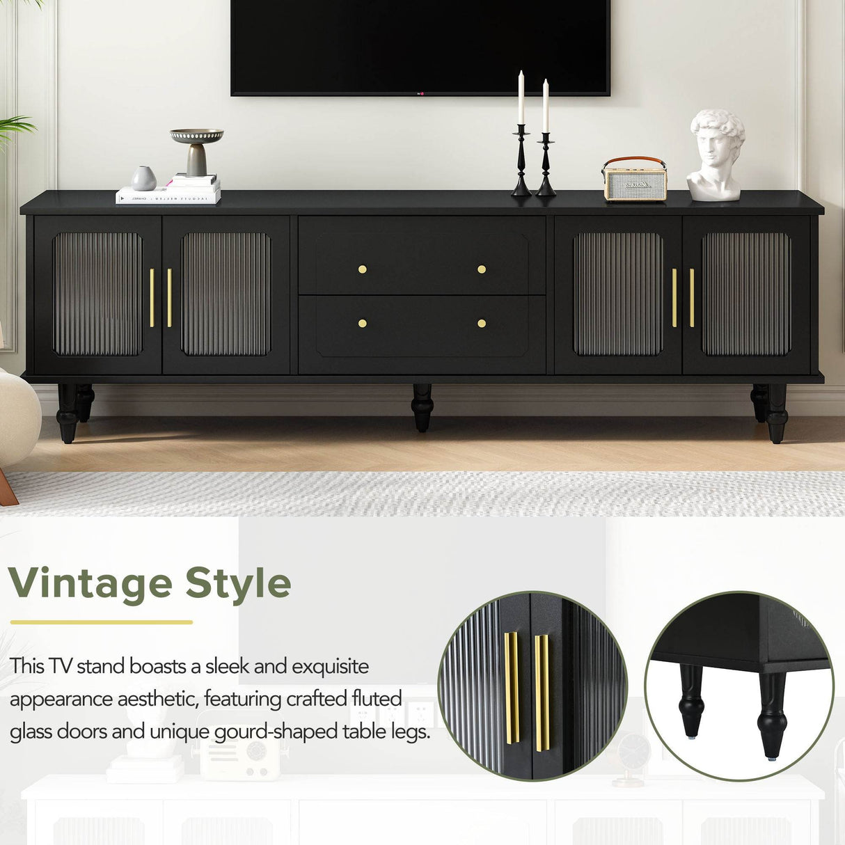 Retro Vintage Black TV Stand With Fluted Glass Doors - Sleep Galleria