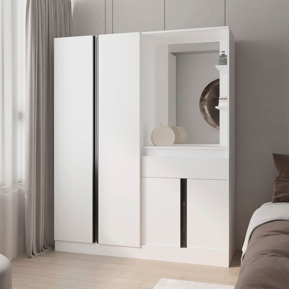 Modern Multi-Functional Wardrobe With Vanity Mirror Storage