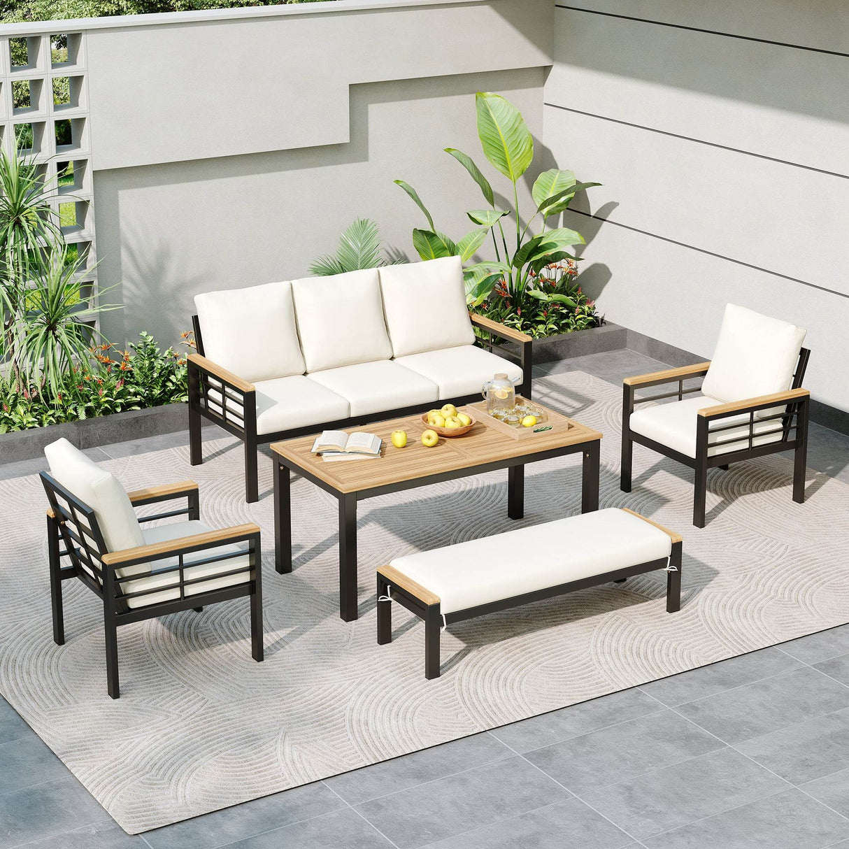 5-Piece Acacia Wood Iron Frame Patio Furniture Set - Omega Lifestyles