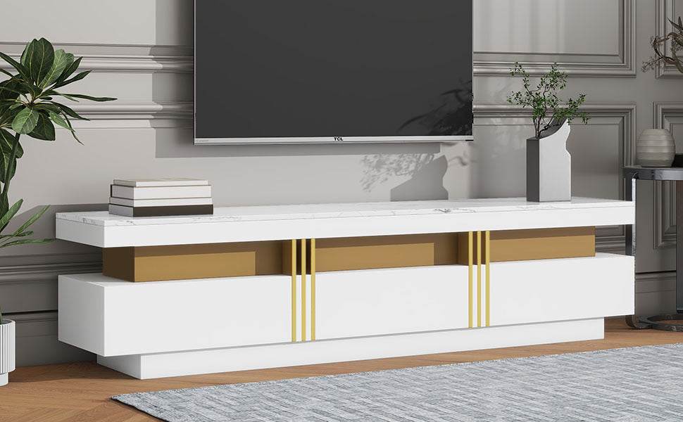High Gloss White Marble TV Stand With Drawers - Sleep Galleria