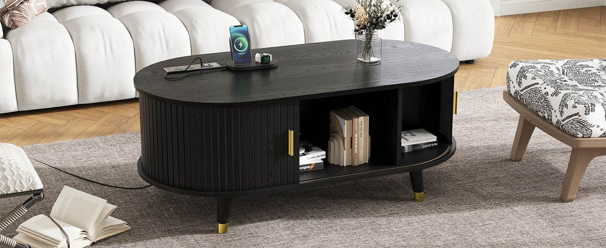 Mid-Century Modern Black Fluted Coffee Table With Charging Station - Sleep Galleria