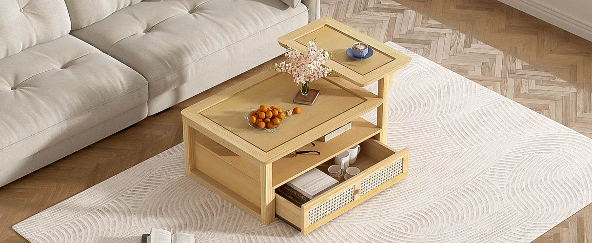 Modern Natural MDF Coffee Table With Rattan Drawer - Sleep Galleria