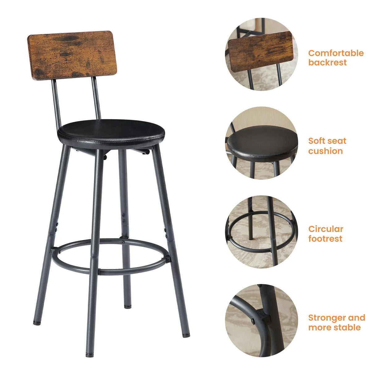 Industrial Rustic Brown Bar Table Set With 3 Upholstered Stools - Omega Lifestyles