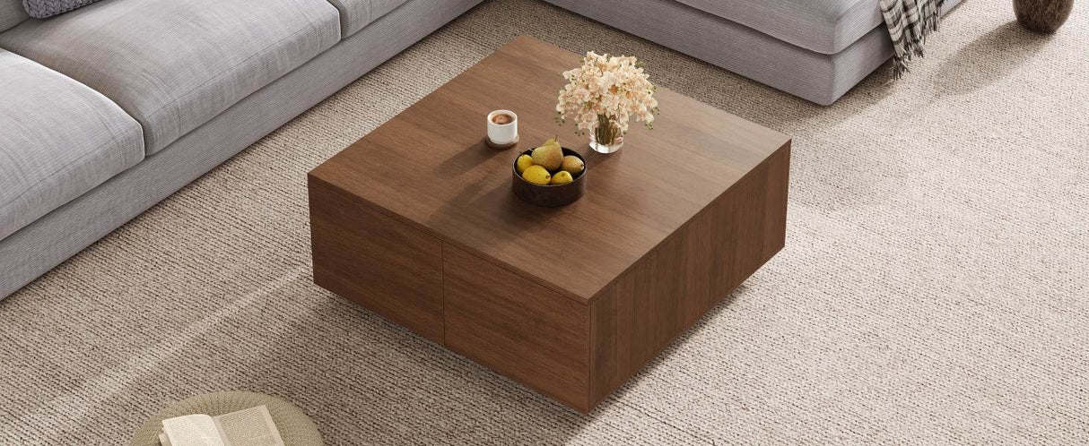Modern Walnut Square Coffee Table With Four Drawers - Sleep Galleria