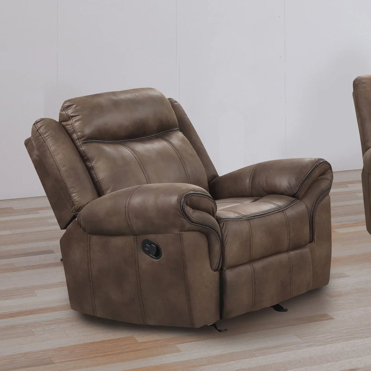 Transitional Brown Leatherette Glider Recliner With Pillow Arms - Omega Lifestyles