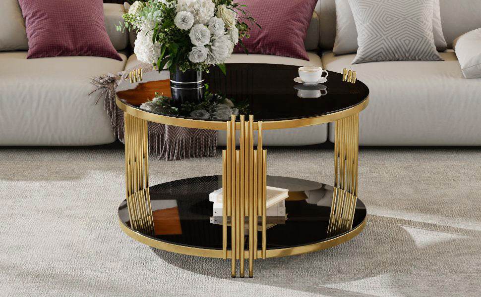 Modern Black Mirror Round Coffee Table With Shelf - Sleep Galleria