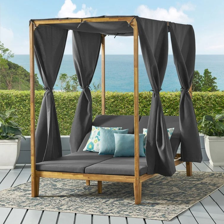 Outdoor Teak Wood Daybed With Water-Resistant Curtains