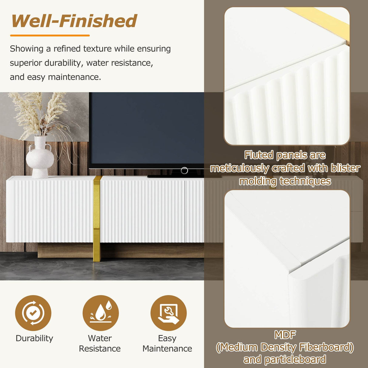 Luxury Fluted White And Gold Wood Grain TV Stand - Sleep Galleria