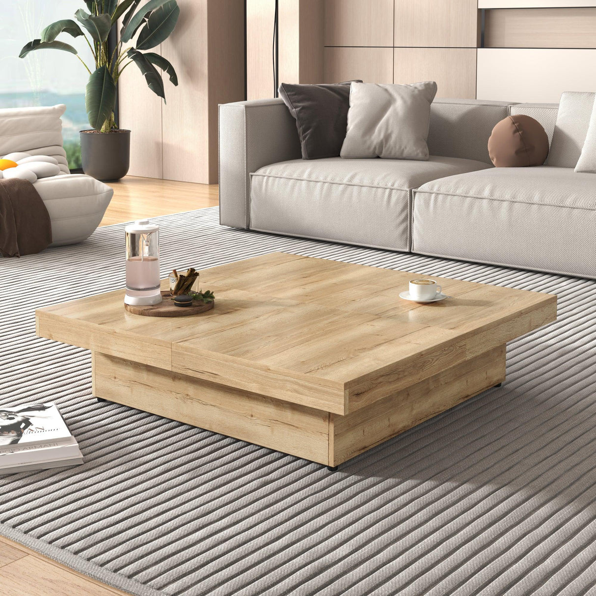 Square Storage Coffee Table Sliding Top Natural Veneer - Omega Lifestyles
