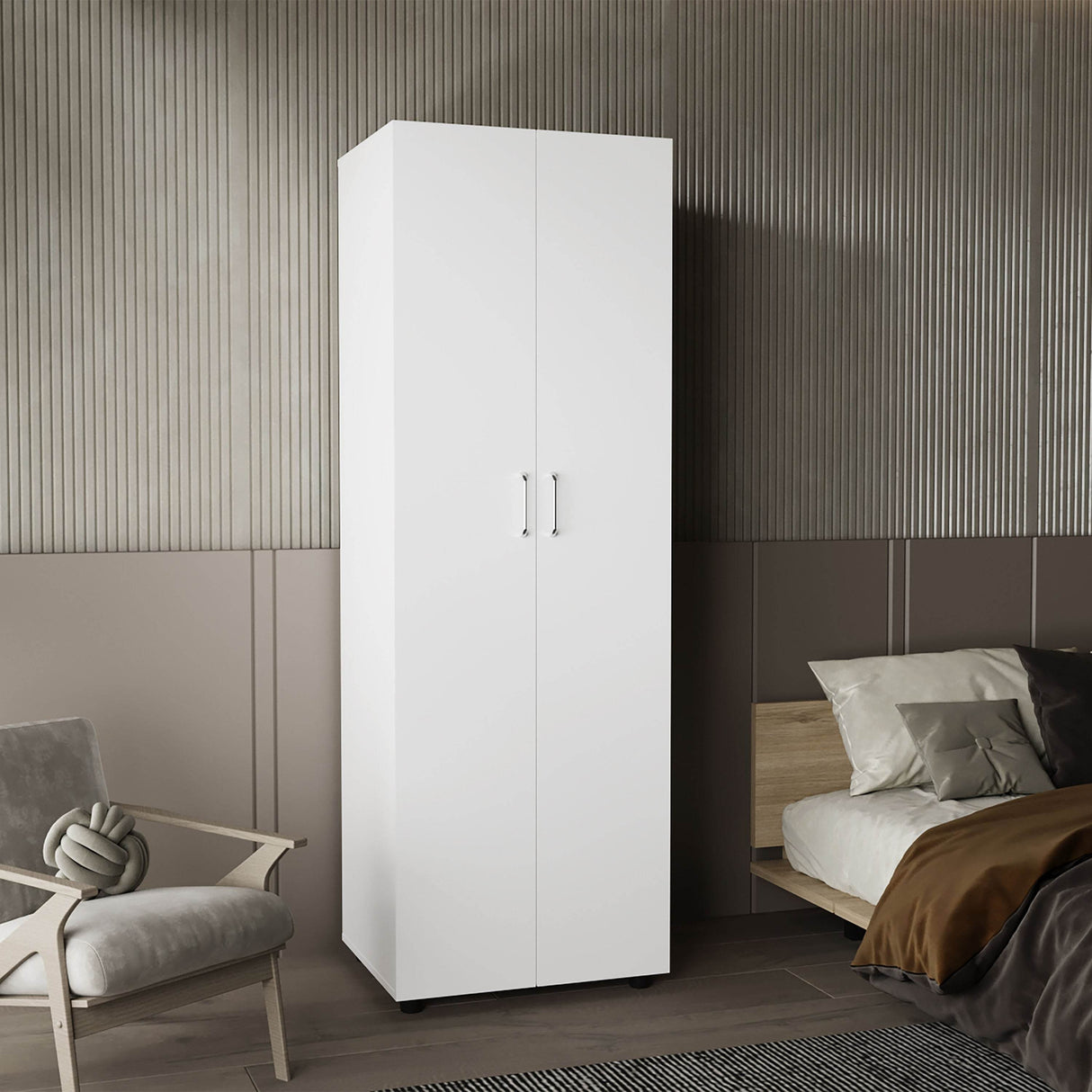 Modern White Two-Door MDF Armoire With Shelves