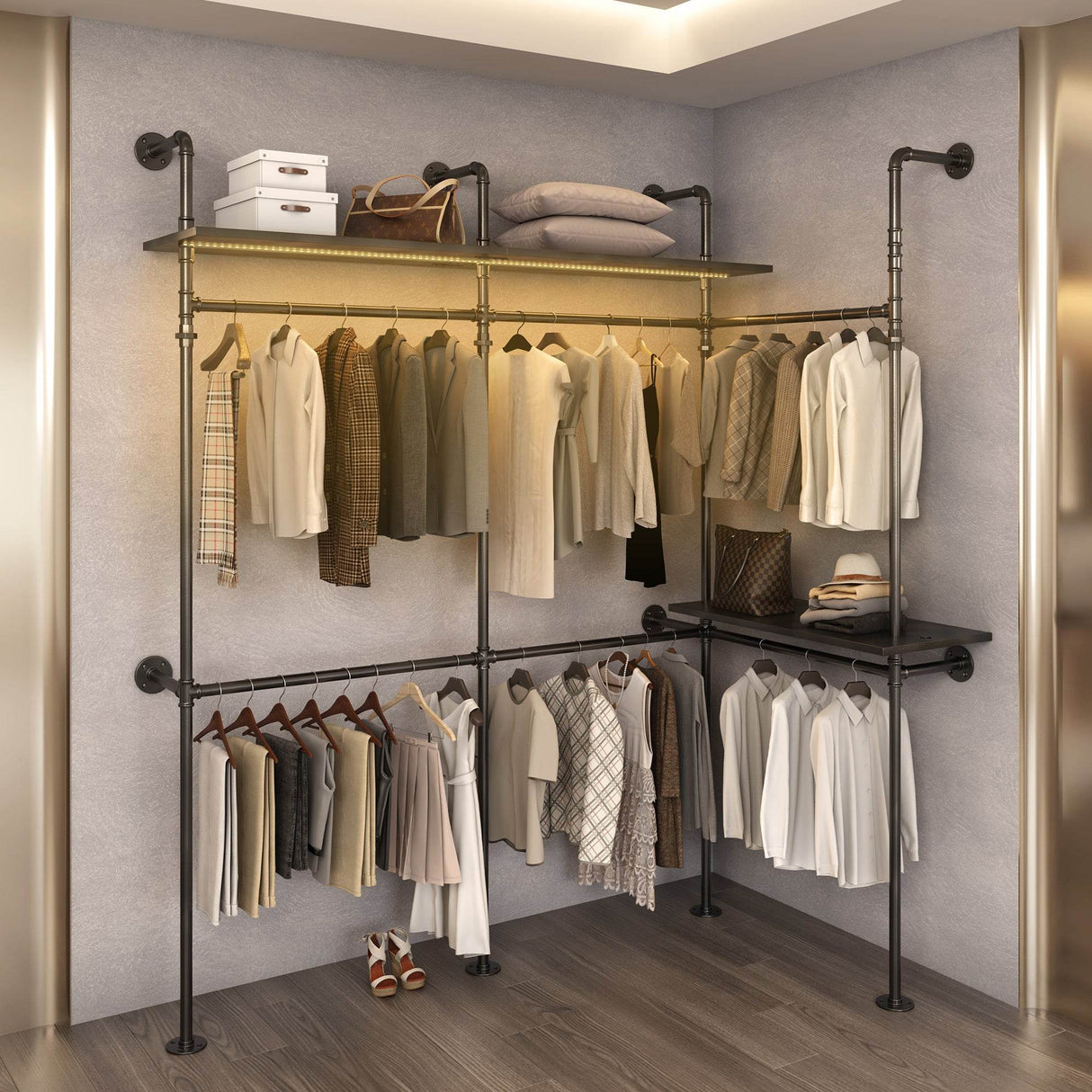 Industrial Pipe Clothes Rack With LED Lights