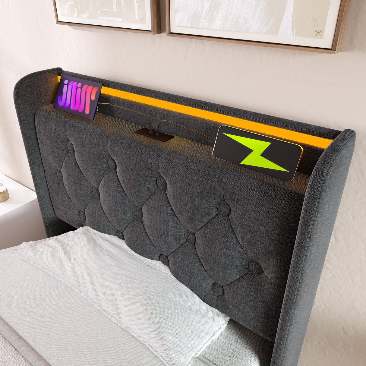 Twin Upholstered Linen Storage Bed With LED Lighting - Omega Lifestyles