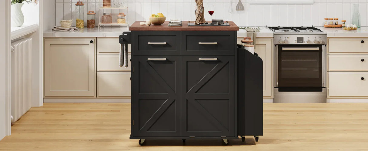Farmhouse MDF Kitchen Island With Drop Leaf And Storage - Omega Lifestyles