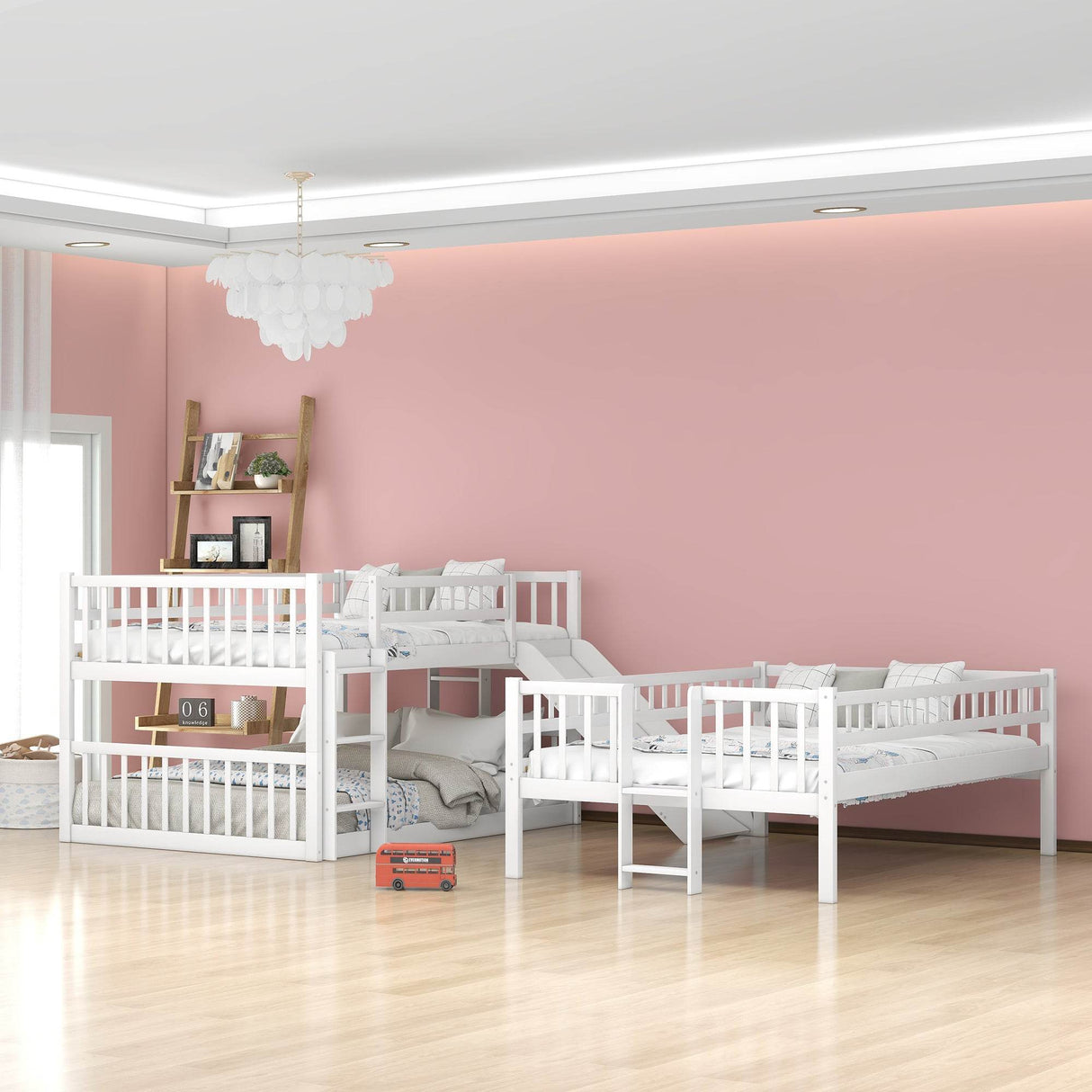 Full Triple Solid Wood Bunk Bed With Slide And Ladders - Omega Lifestyles