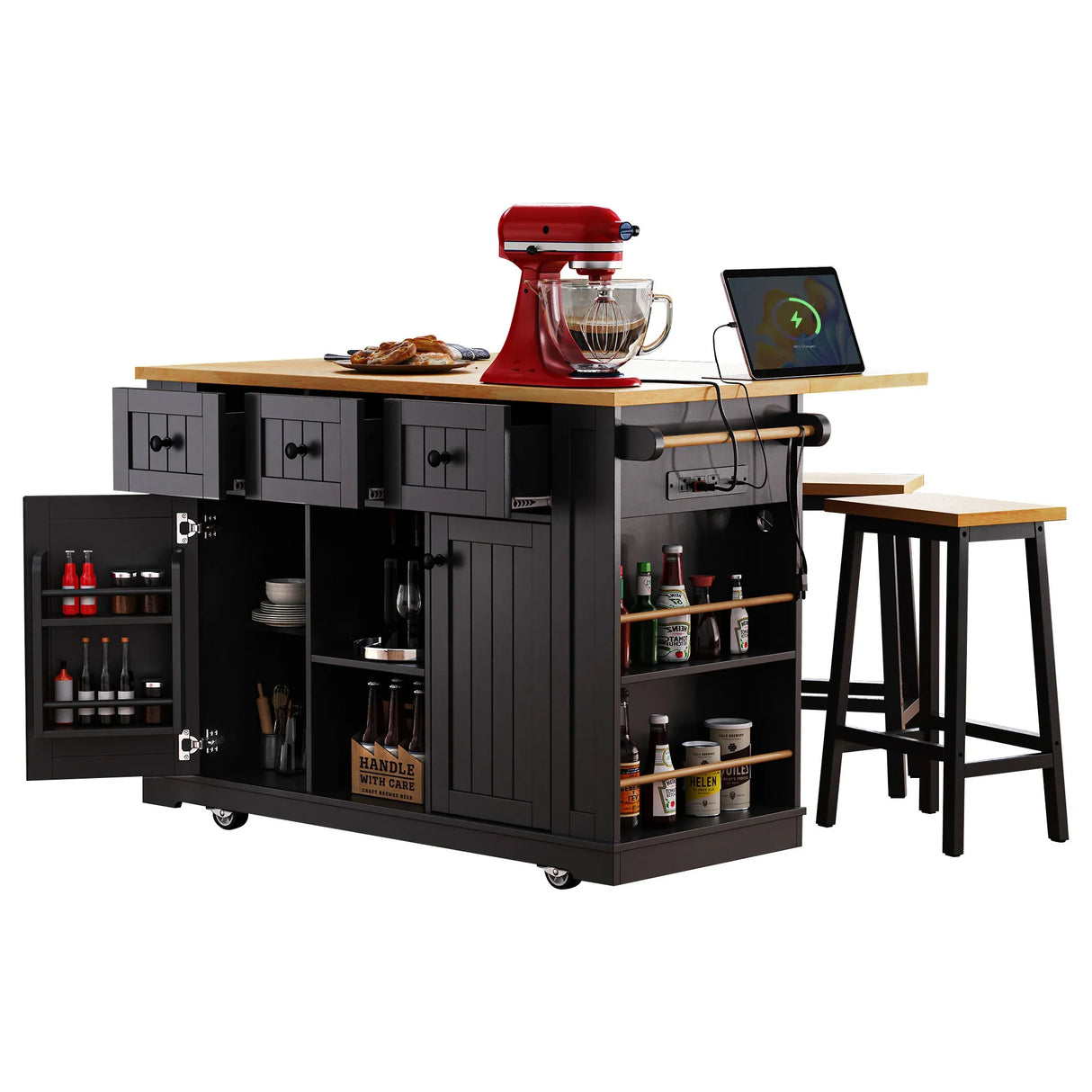 Large Kitchen Island Storage Cart With Bar Stools and Power Outlet - Omega Lifestyles