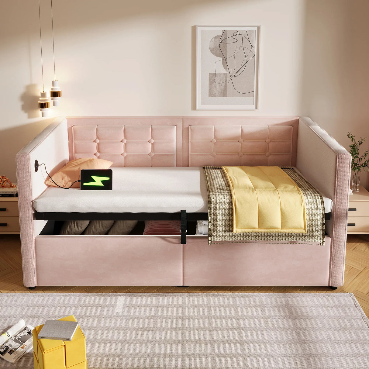 Twin Pink Velvet Upholstered Hydraulic Storage Bed Frame - Omega Lifestyles