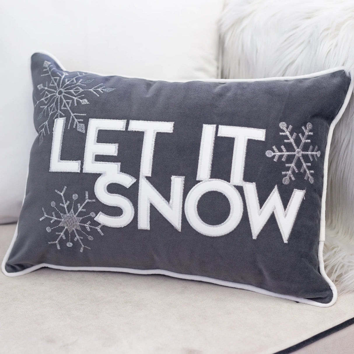 Gray Velvet Embroidered Let It Snow Lumbar Pillow 14x20 - Omega Lifestyles