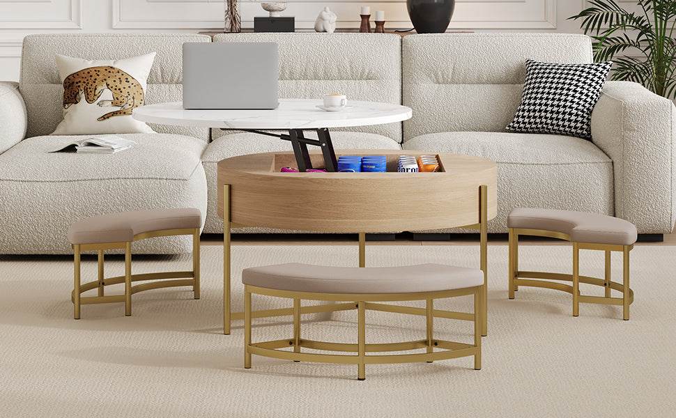Modern Round Lift-Top Coffee Table With Storage And Ottomans - Sleep Galleria