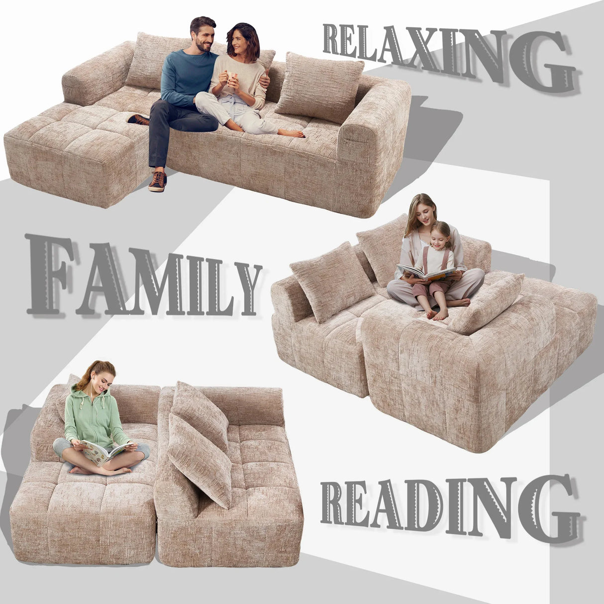 Chenille Modular 3-Seat Sectional Sofa With Side Pockets - Omega Lifestyles