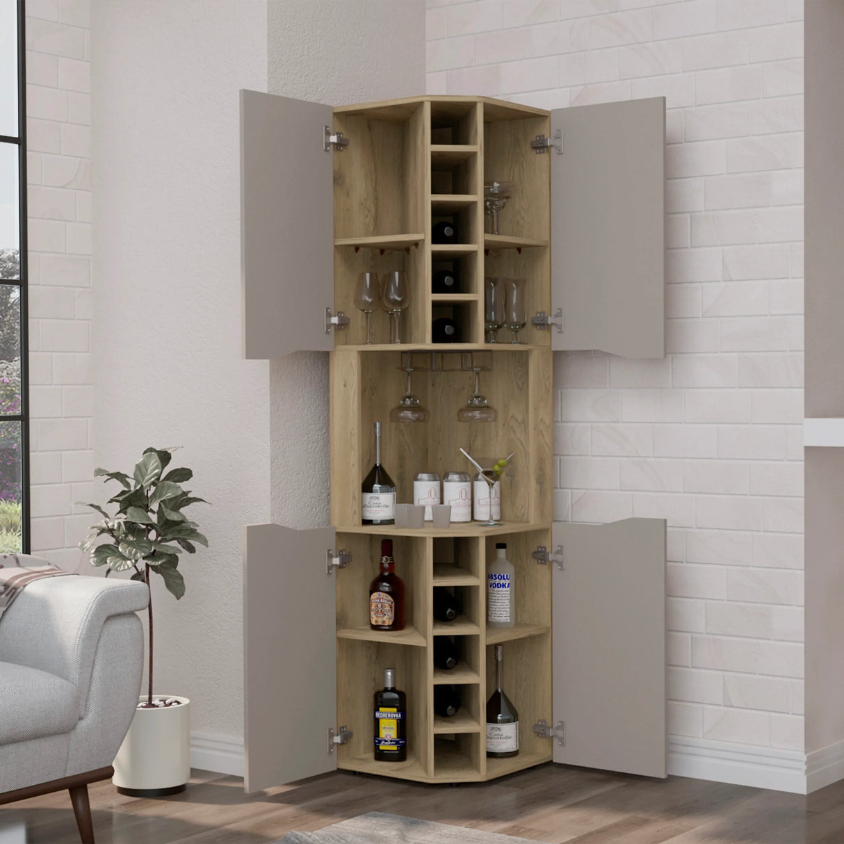 Modern Corner Bar Cabinet With Ten Built-In Wine Rack - Omega Lifestyles