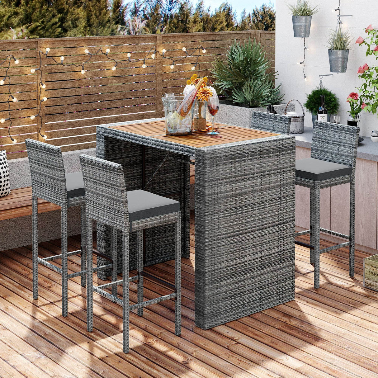5-Piece Outdoor Gray Wicker Bar Height Patio Set