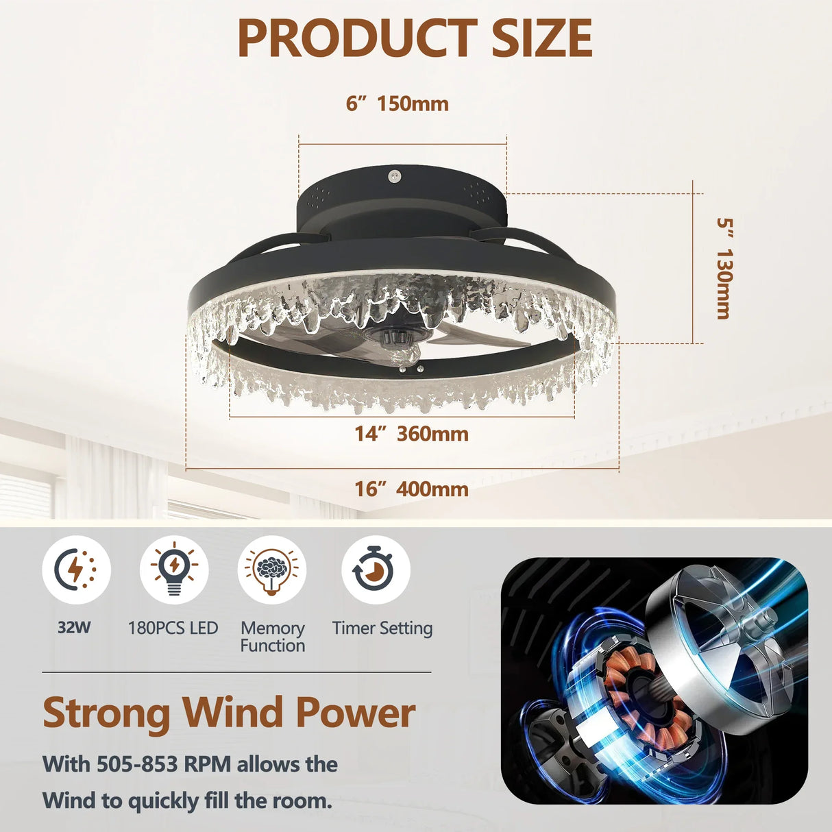 Luxury Crystal 16-Inch Flush Mount LED Ceiling Fan - Omega Lifestyles