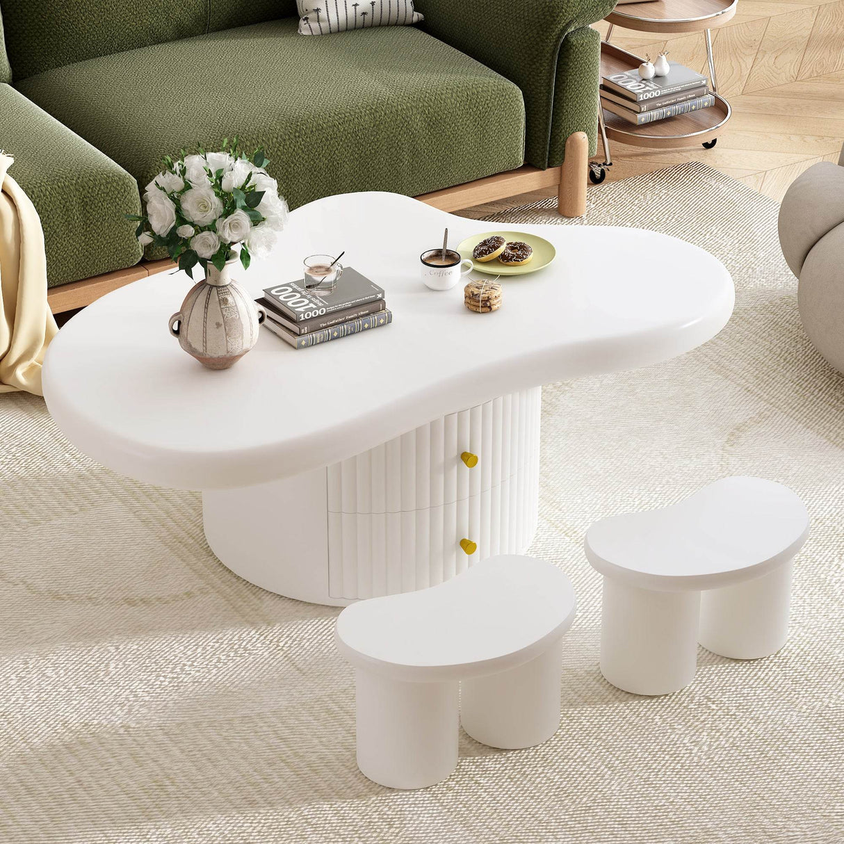 Cloud-Shaped Coffee Table With Stools And Drawers - Sleep Galleria