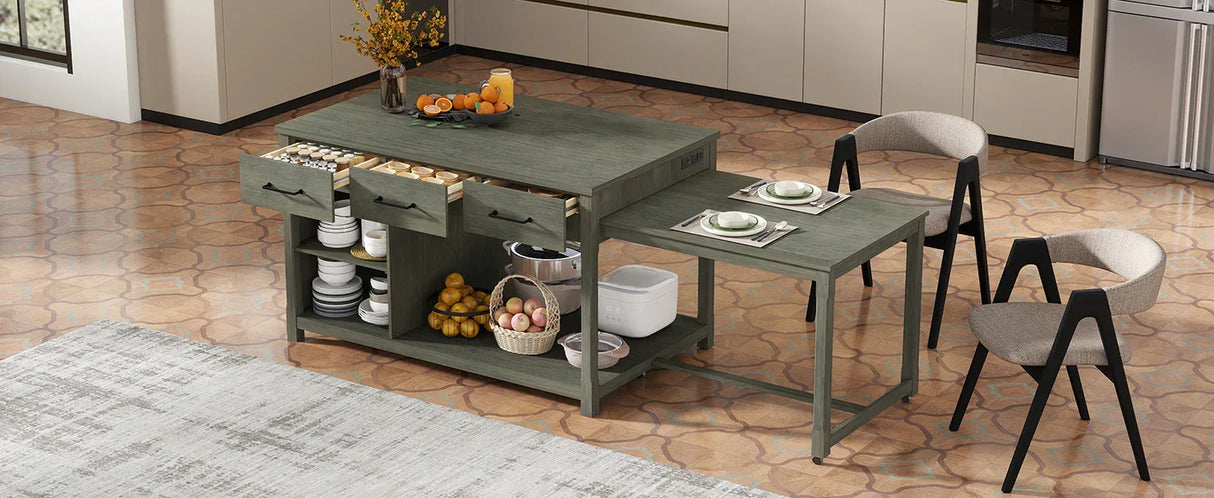 Expandable Retro Kitchen Island With Built-In Power Outlets - Omega Lifestyles