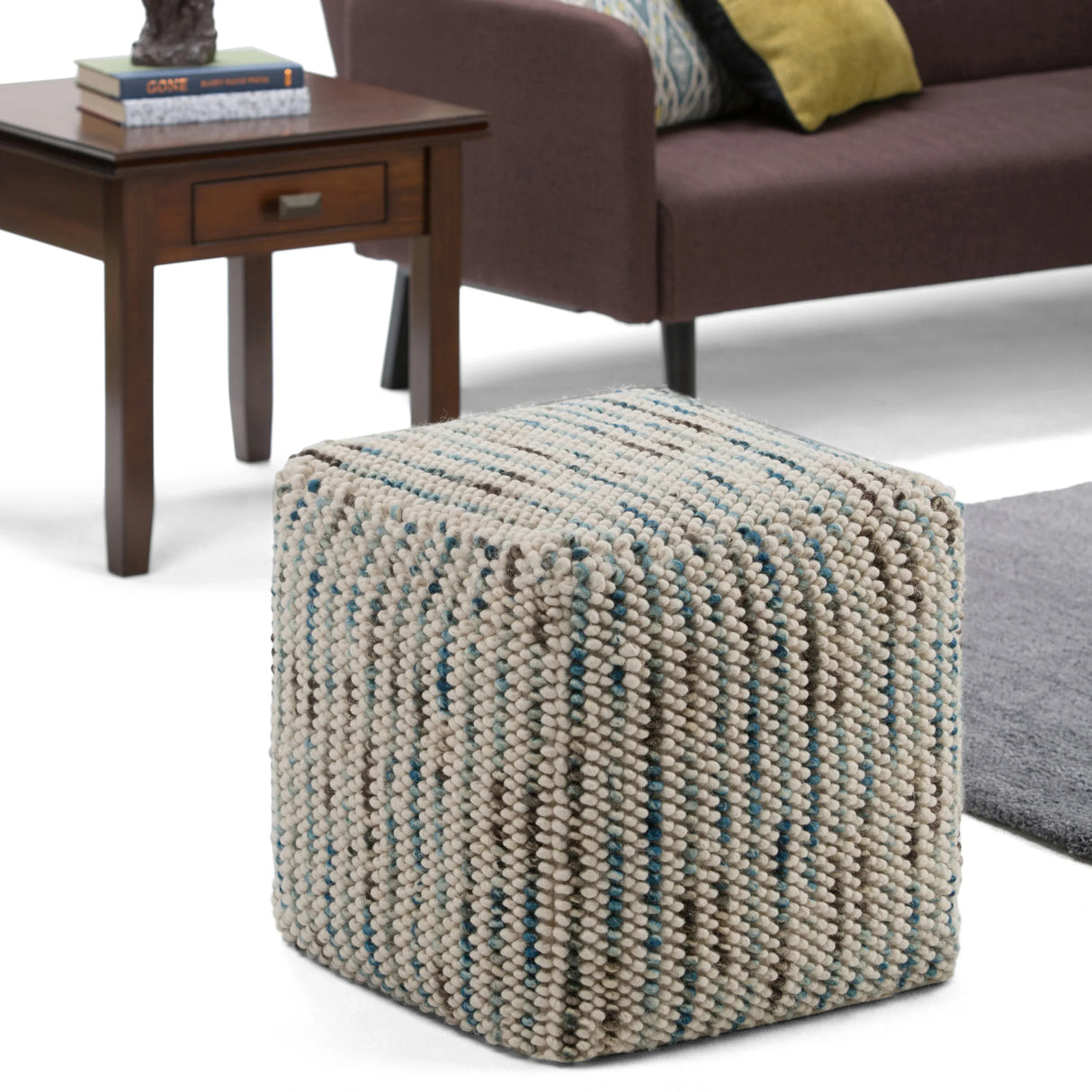 Multi-Color Handwoven Wool Fabric Cube Pouf - Omega Lifestyles